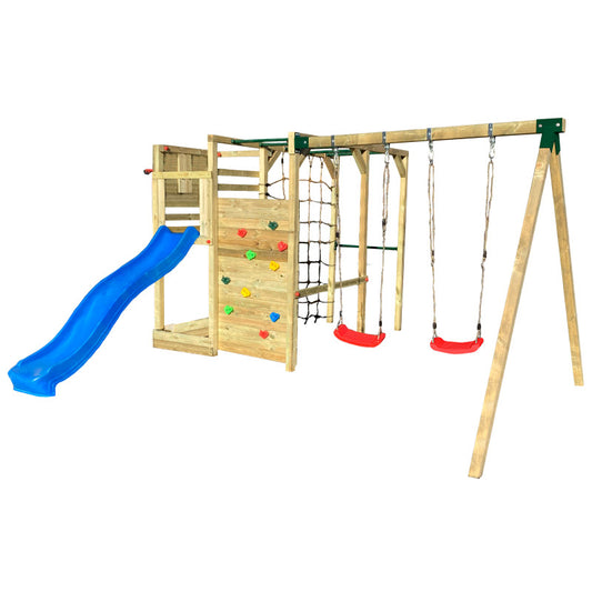 Spielplatz „Cubic Delta“ aus imprägnierter Kiefer – Doppelschaukel, Rutsche & Kletterwände, TÜV/EN71, 409×425×215 cm