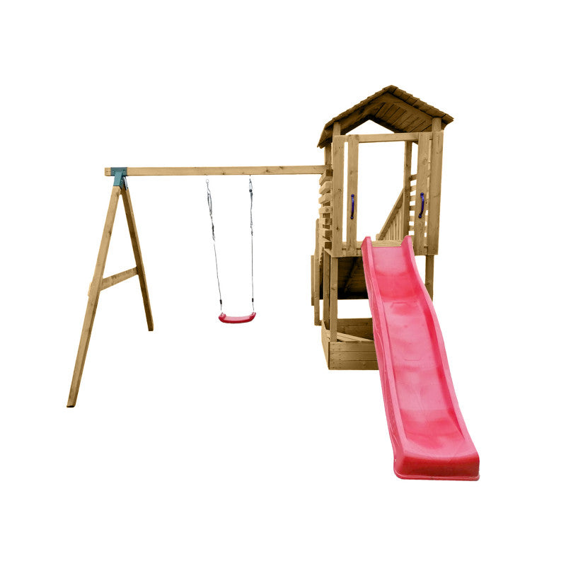 Abenteuerturm „Hugo“ aus imprägnierter Kiefer – mit Schaukel, breiter Rampe & Rutsche, 580×335×275 cm