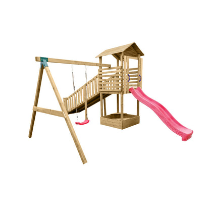 Abenteuerturm „Hugo“ aus imprägnierter Kiefer – mit Schaukel, breiter Rampe & Rutsche, 580×335×275 cm