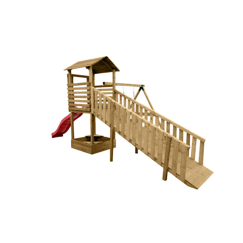 Abenteuerturm „Hugo“ aus imprägnierter Kiefer – mit Schaukel, breiter Rampe & Rutsche, 580×335×275 cm