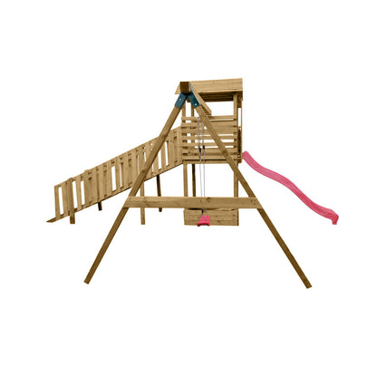 Abenteuerturm „Hugo“ aus imprägnierter Kiefer – mit Schaukel, breiter Rampe & Rutsche, 580×335×275 cm