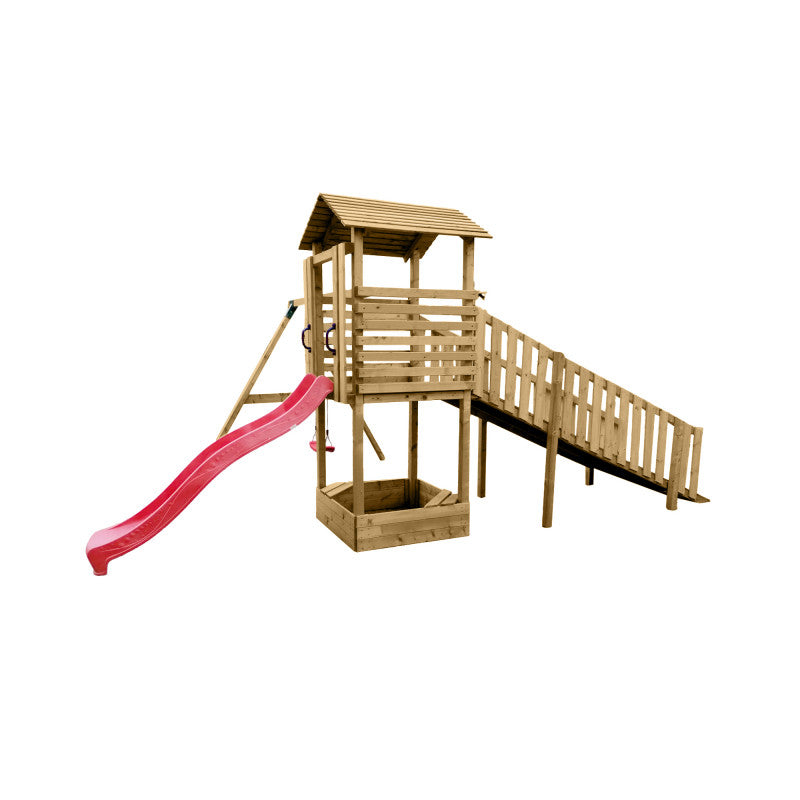Abenteuerturm „Hugo“ aus imprägnierter Kiefer – mit Schaukel, breiter Rampe & Rutsche, 580×335×275 cm