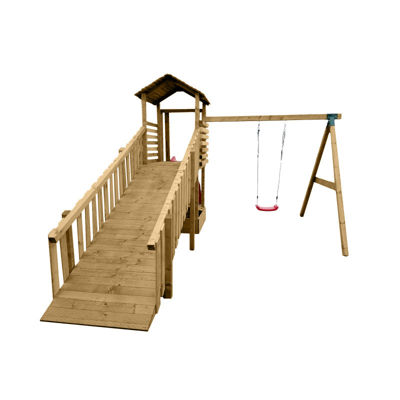 Abenteuerturm „Hugo“ aus imprägnierter Kiefer – mit Schaukel, breiter Rampe & Rutsche, 580×335×275 cm