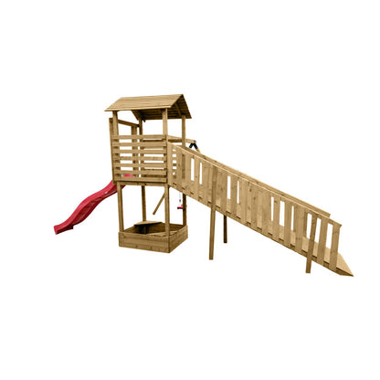Abenteuerturm „Hugo“ aus imprägnierter Kiefer – mit Schaukel, breiter Rampe & Rutsche, 580×335×275 cm