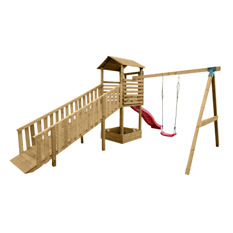 Abenteuerturm „Hugo“ aus imprägnierter Kiefer – mit Schaukel, breiter Rampe & Rutsche, 580×335×275 cm