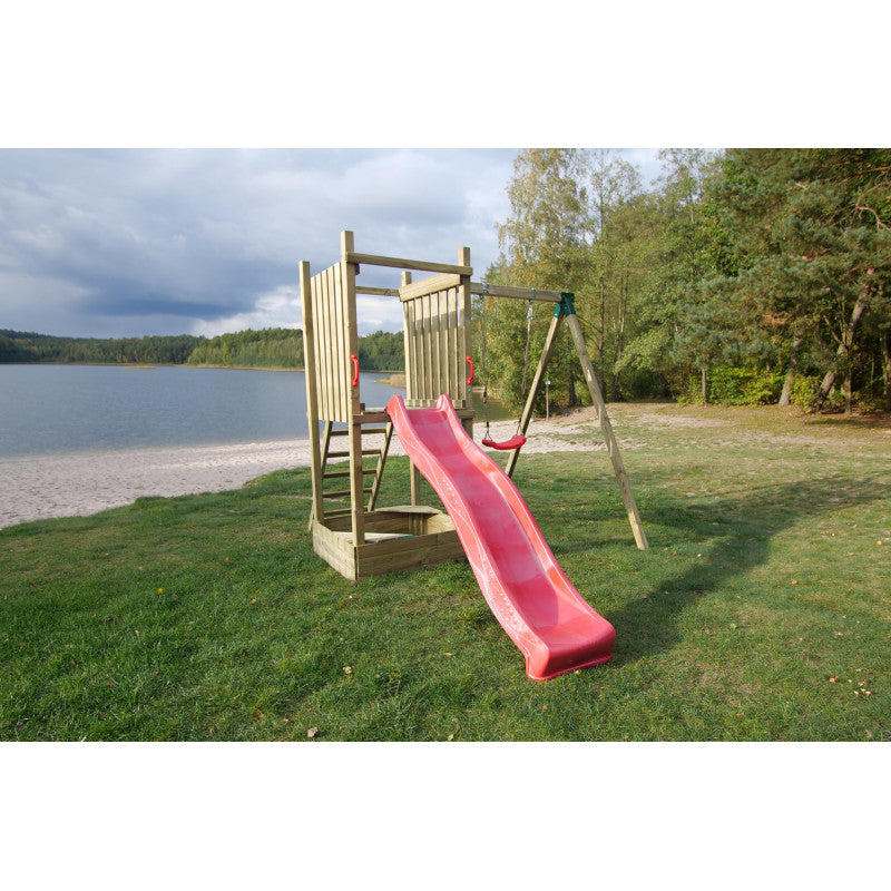 Kletterturm „Luno“ aus imprägnierter Kiefer – mit Rutsche, Schaukel & Sandkasten, 359×254×250 cm, TÜV/EN71