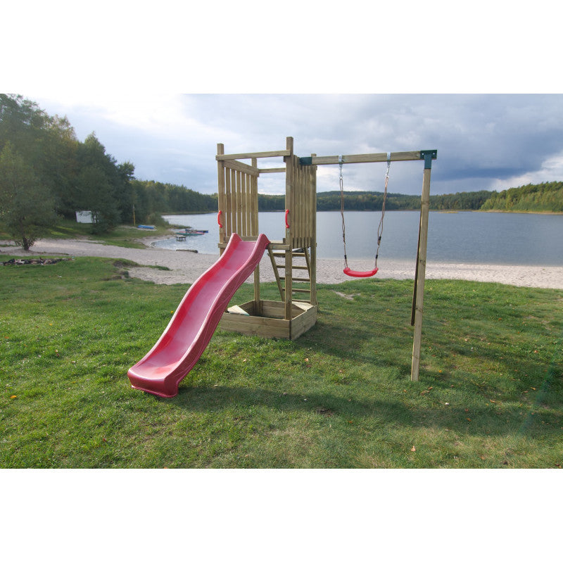 Kletterturm „Luno“ aus imprägnierter Kiefer – mit Rutsche, Schaukel & Sandkasten, 359×254×250 cm, TÜV/EN71